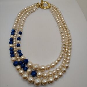 Richelieu Vtg Faux Pearl Faux Lapis Lazuli Three Strand Necklace